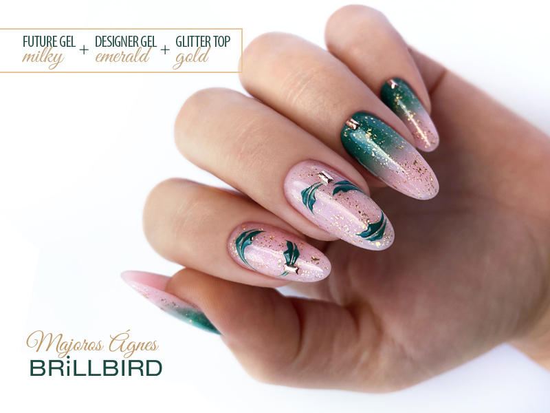 futuregel milky reverse tip designer gel emerald glitter top gold rosegold metal diszito